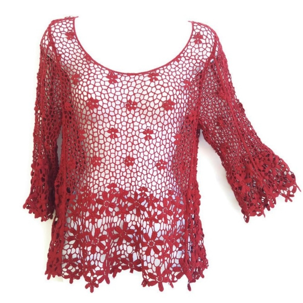Vintage Breeze Ever Cotton Flower Crochet Macrame Red Bell Sleeve Swim Cover Up